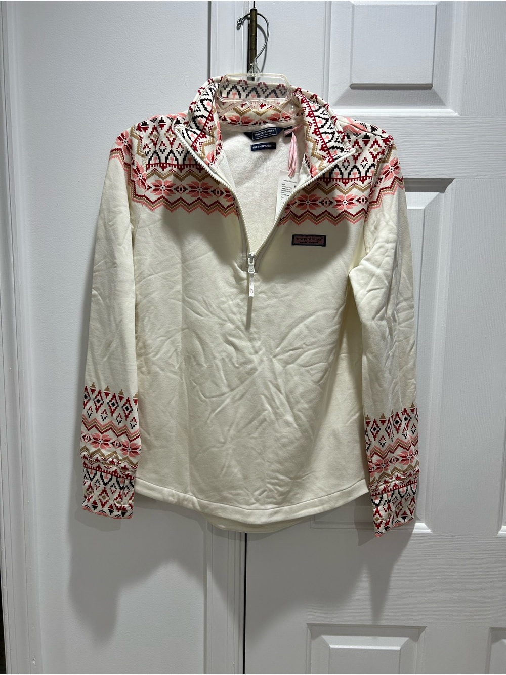 Vineyard Vines Cream Fair Isle Half-Zip Pullover with Red Accents